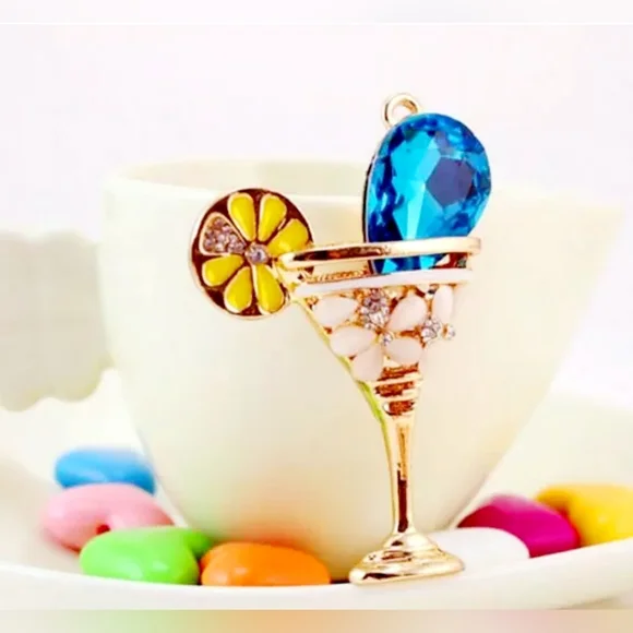 Gold plated blue and white crystal lemon martini glass necklace - Picture 13 of 16